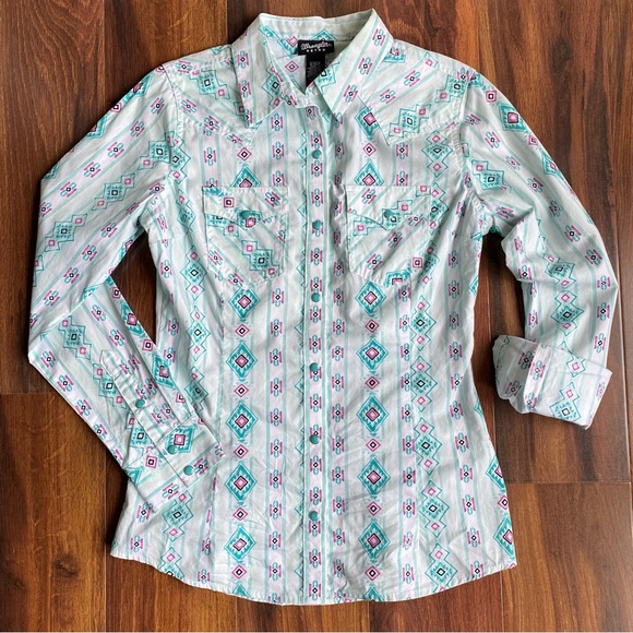 Wrangler Retro Western Curved Yoke Turquoise Snap Down Shirt - Picture 3 of 16